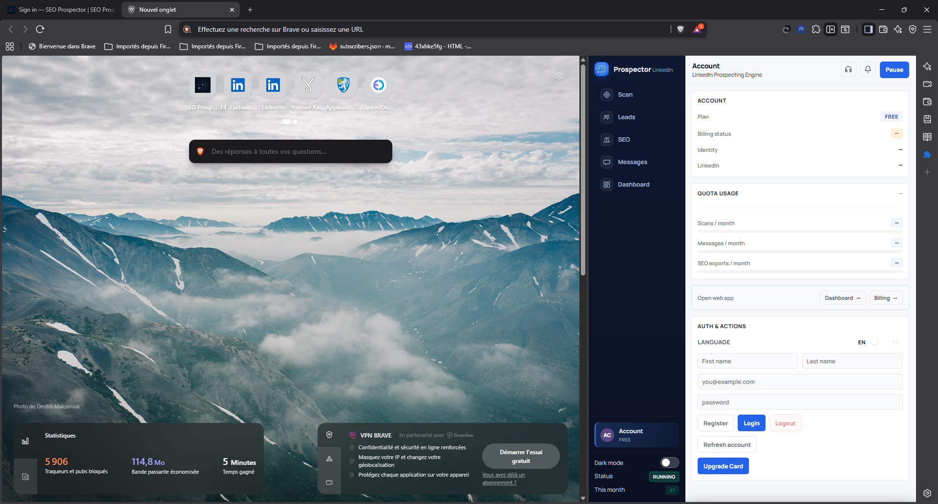 Onglet Account — formulaire de creation de compte