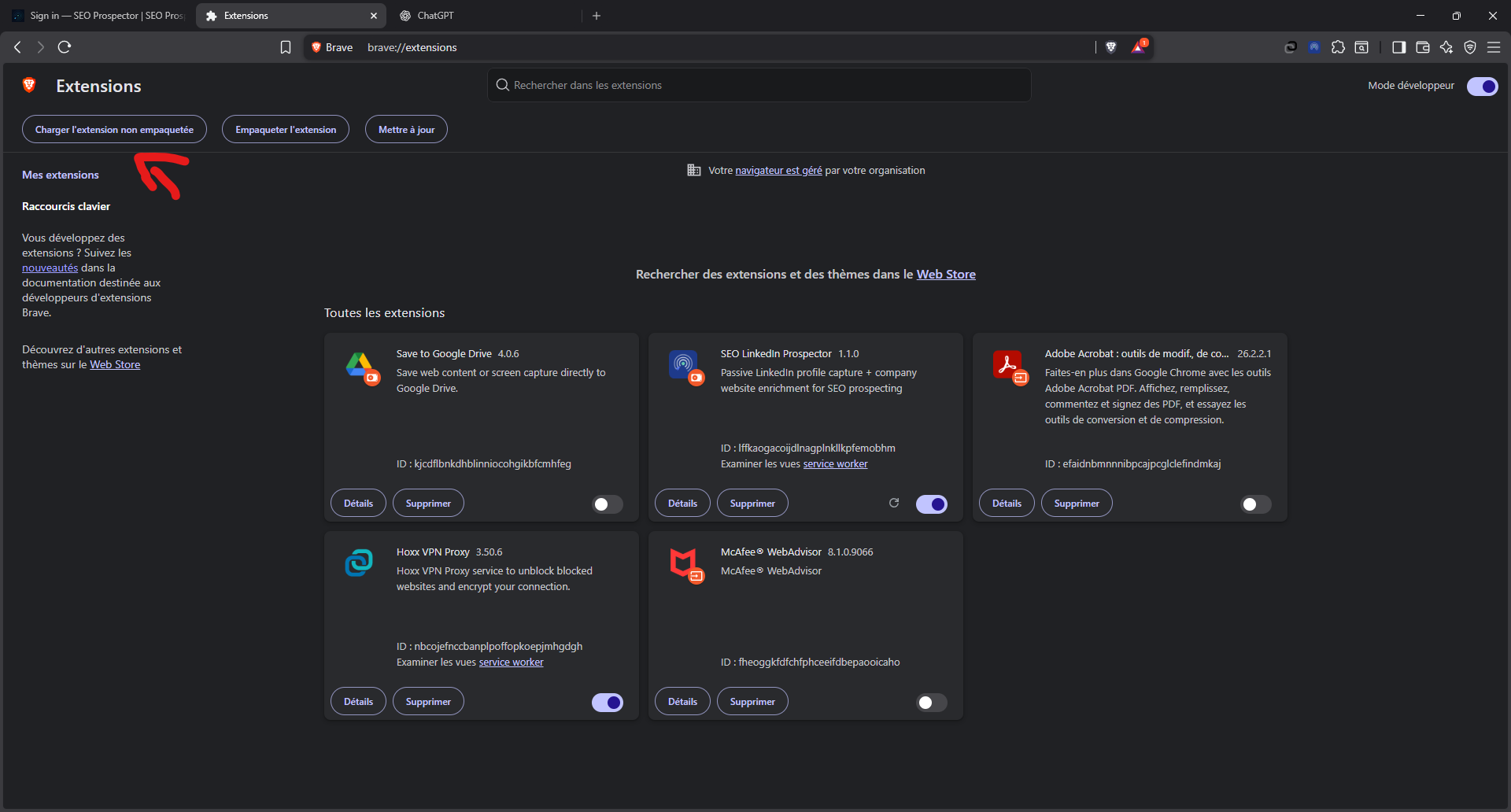 Charger l'extension non empaquetee