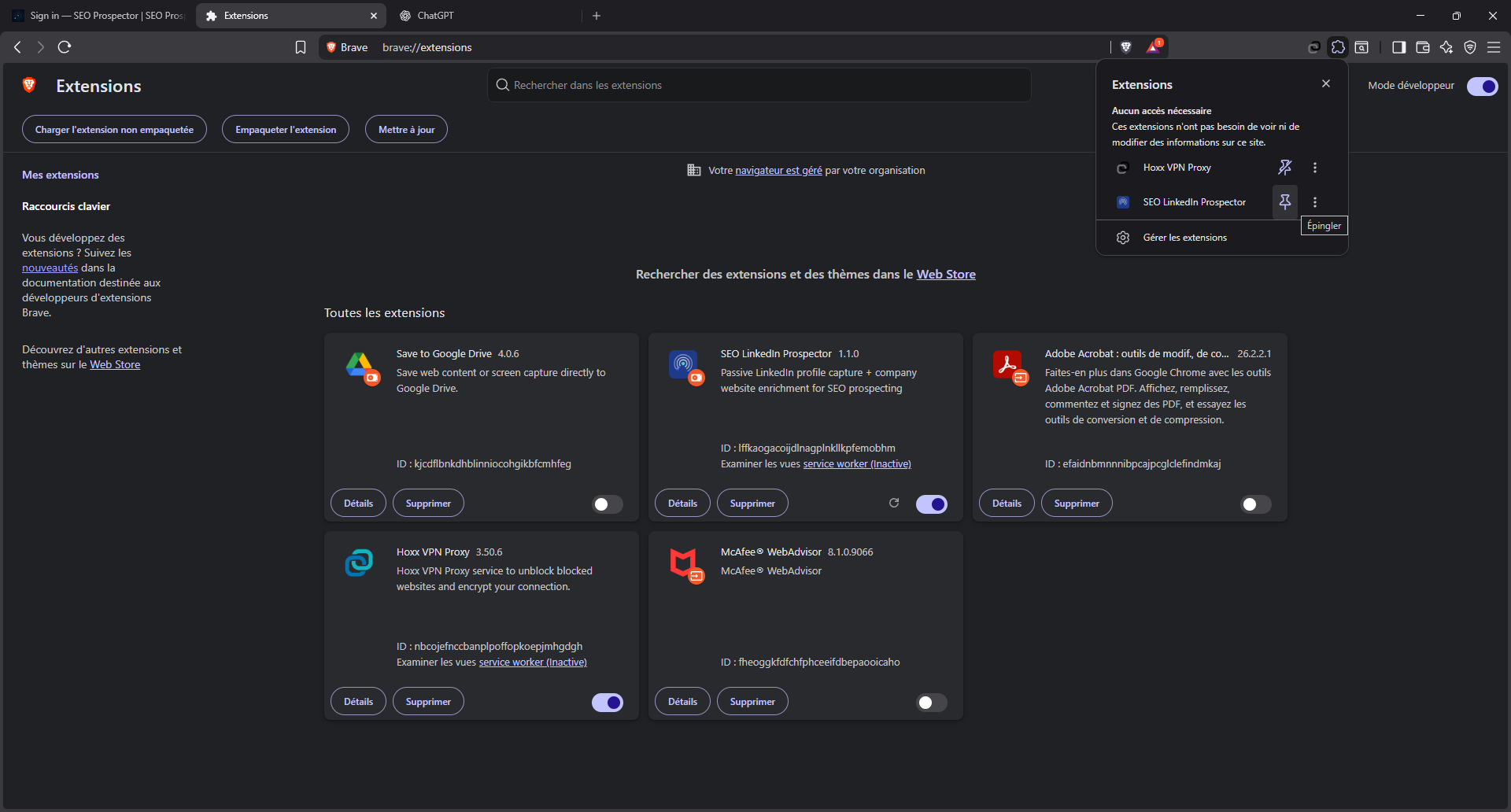 Epingler l'extension