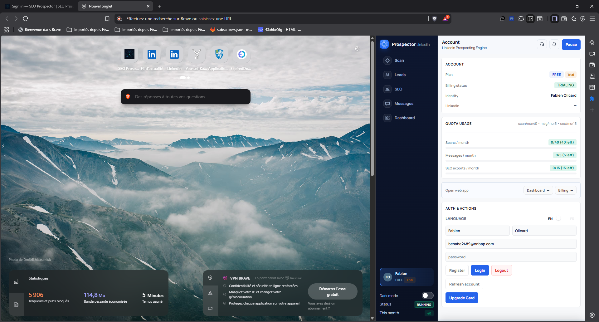 Onglet Account connecte avec quotas