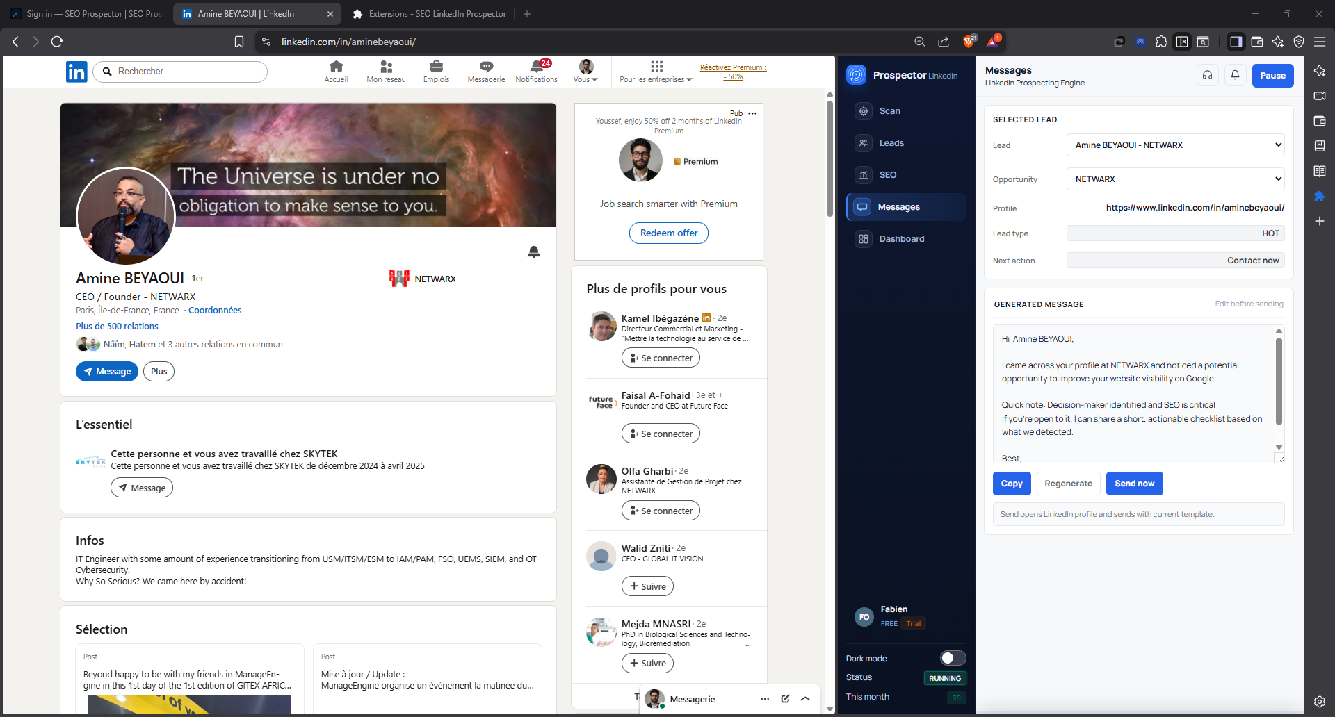 Onglet Messages message genere